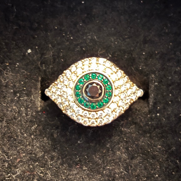 18K Gold Evil Eye Ring - Diamonds, Size 6